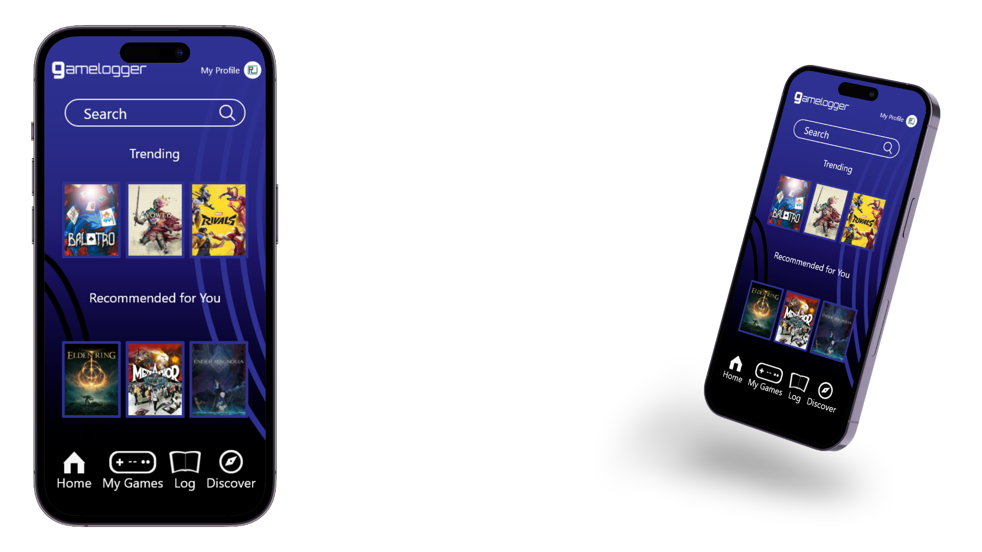 Renderings of the Gamelogger app on two iPhone 14 templates with the text "multimedia content creator" between them.